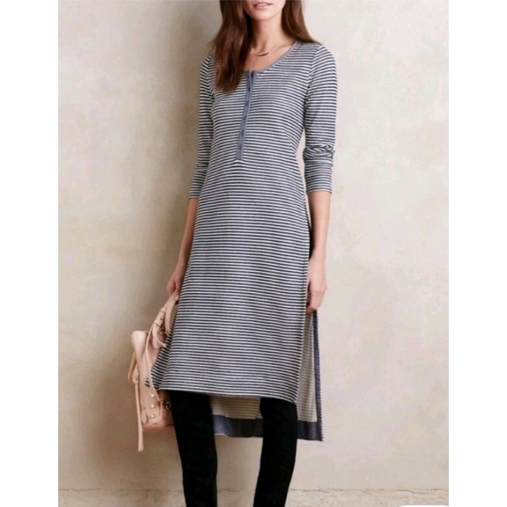 Anthropologie Postmark Tunic Dress Small‎ Blue White Striped Split Side Henley